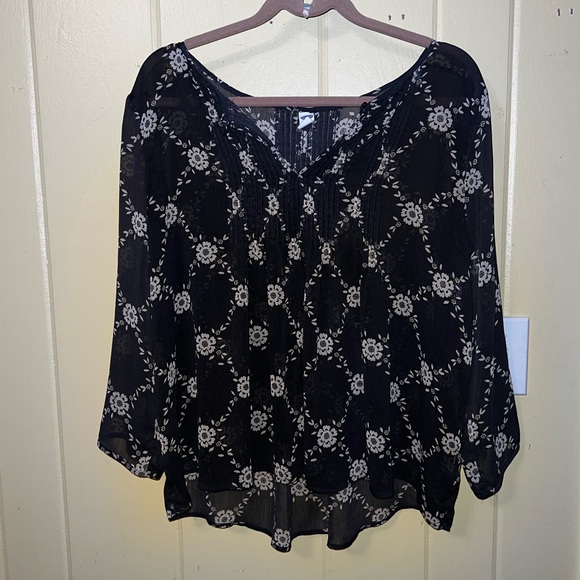 Old Navy Chiffon Sheer Long Sleeve Blouse Dark Gray Cream Floral Size L - Picture 5 of 12
